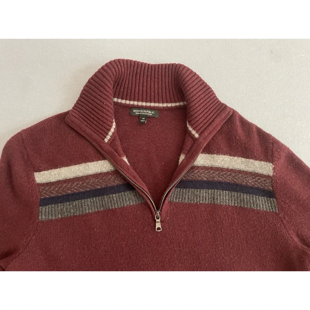 Banana Republic Men M Wool Sweater 1/4 Zip Burgundy Stripe Italian Yarn Mock Lux